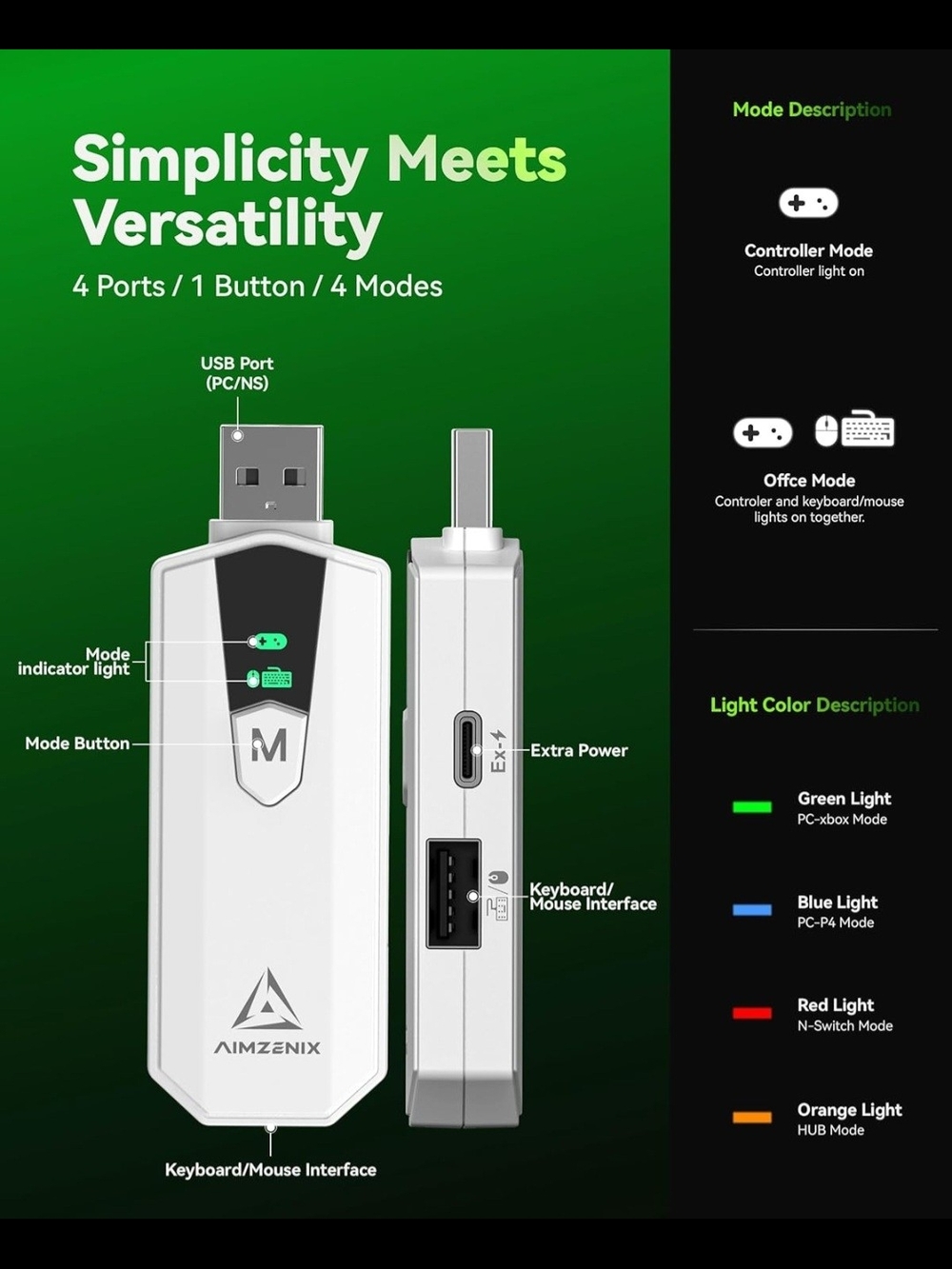 AIMZENIX AX200 Pro PC Gaming K&M Adapter - White/Green - Picture 8 of 10